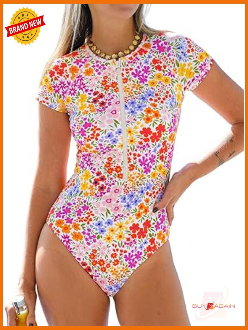 Mock Neck Zipper Short Sleeve One Piece Swimsuit with Soft Cups